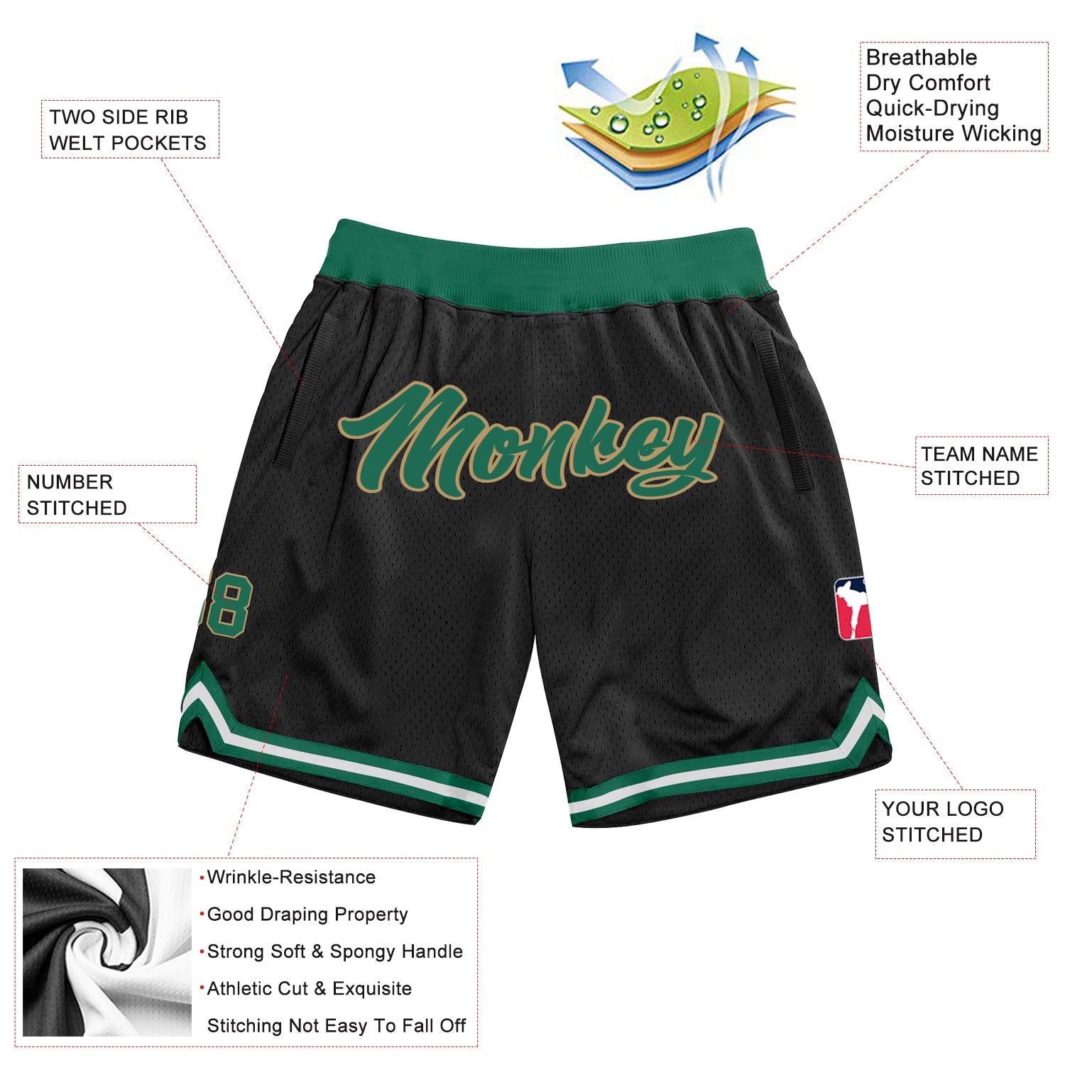 Custom Black Kelly Green-Old Gold Authentic Throwback Basketball Shorts