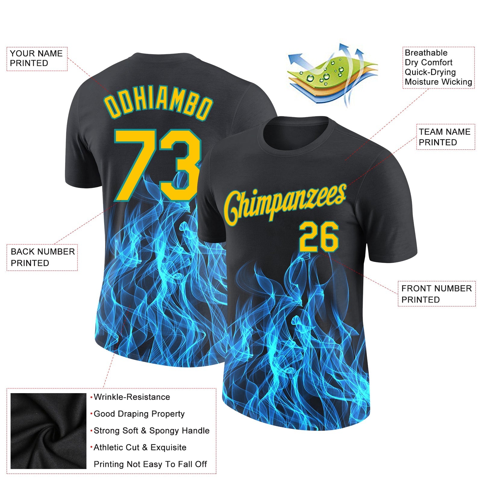 Custom Black Gold-Aqua 3D Pattern Design Flame Performance T-Shirt