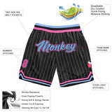 Custom Black White Pinstripe Light Blue-Pink Authentic Basketball Shorts