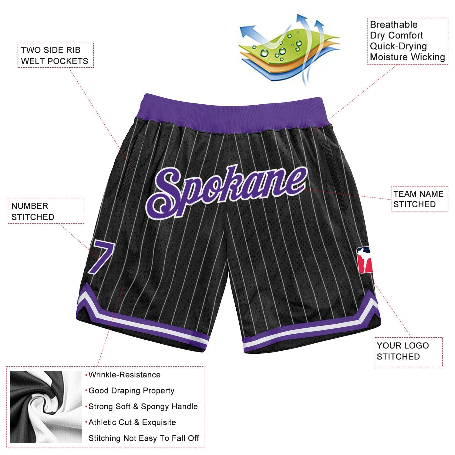 Custom Black White Pinstripe Purple-White Authentic Basketball Shorts