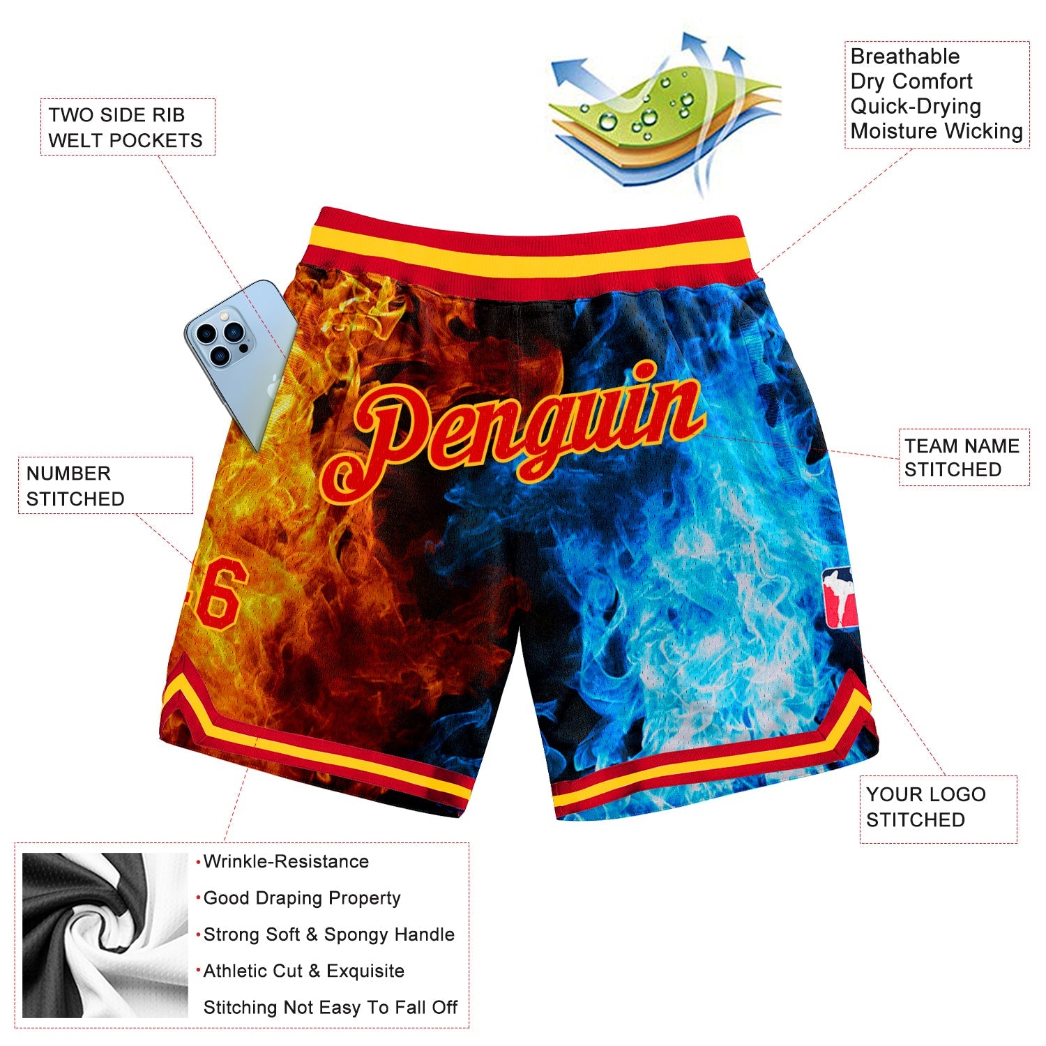 Custom Black Red-Gold 3D Pattern Design Flame Authentic Basketball Shorts