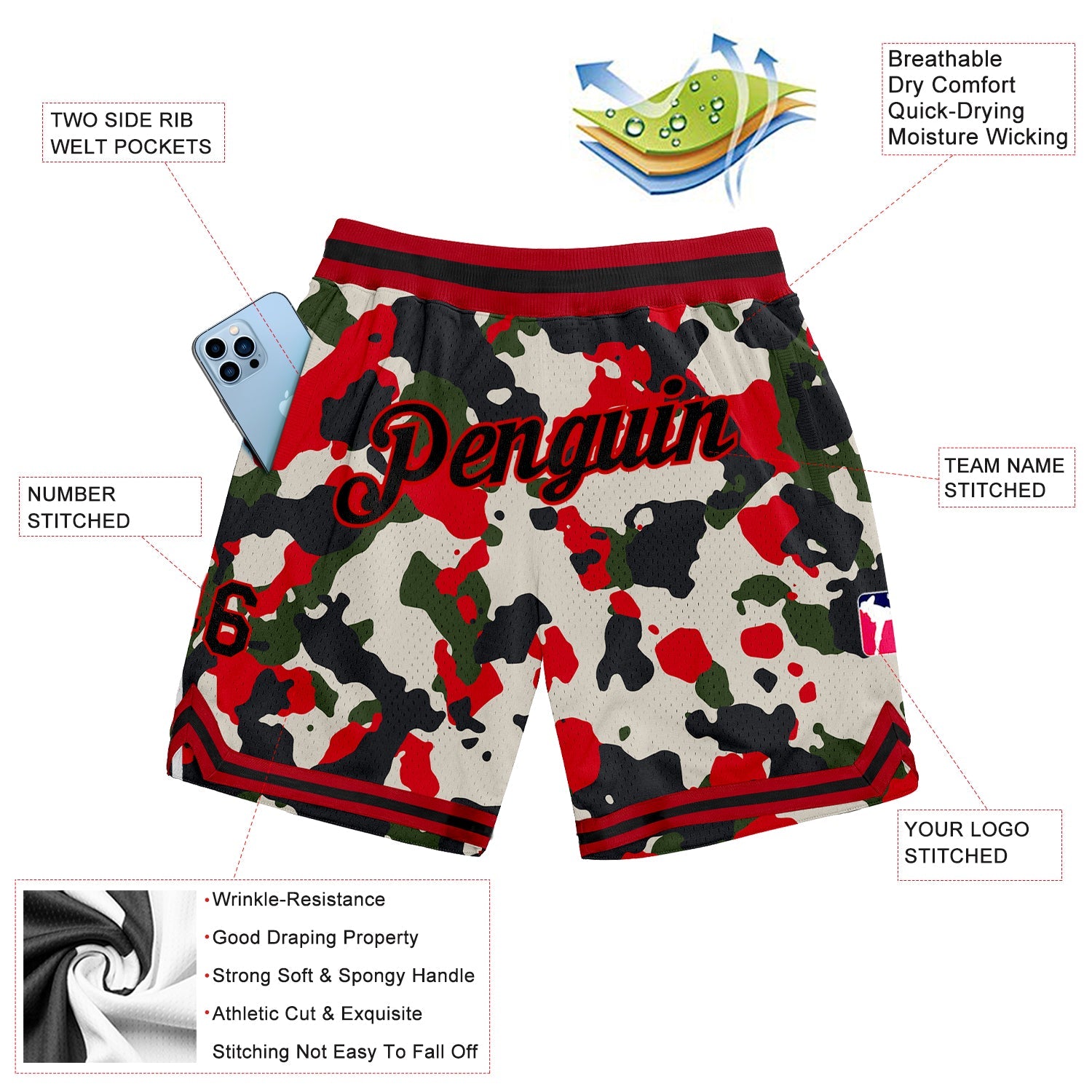 Custom Camo Black-Red Authentic Salute To Service Basketball Shorts