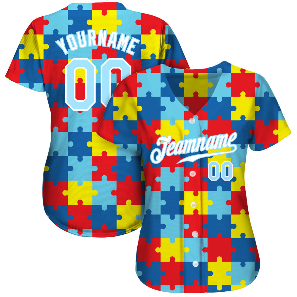 Custom Autism Awareness Puzzle Pieces Light Blue-White 3D Authentic Baseball Jersey