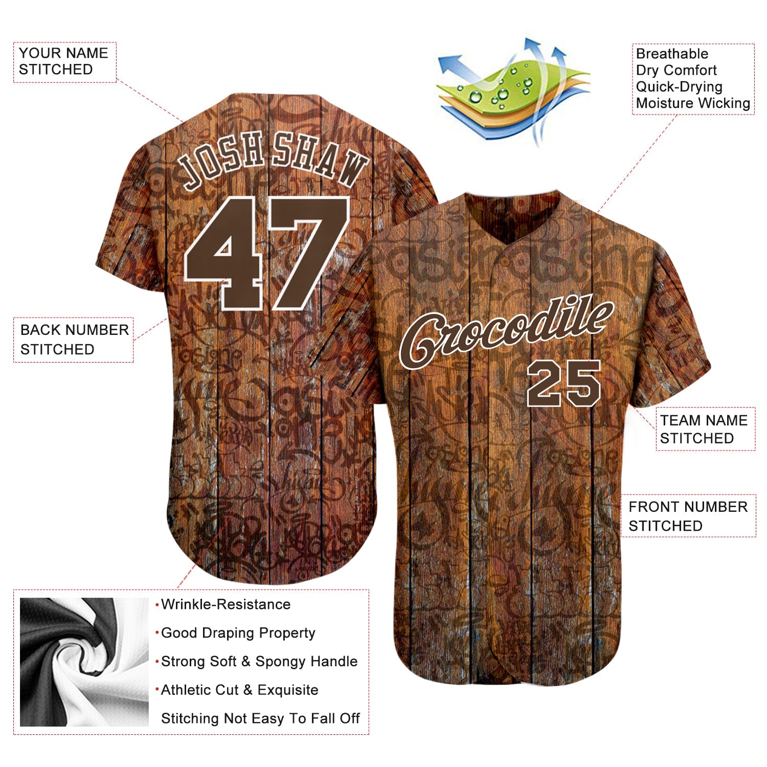 Custom Graffiti Pattern Brown-White 3D Wood Authentic Baseball Jersey