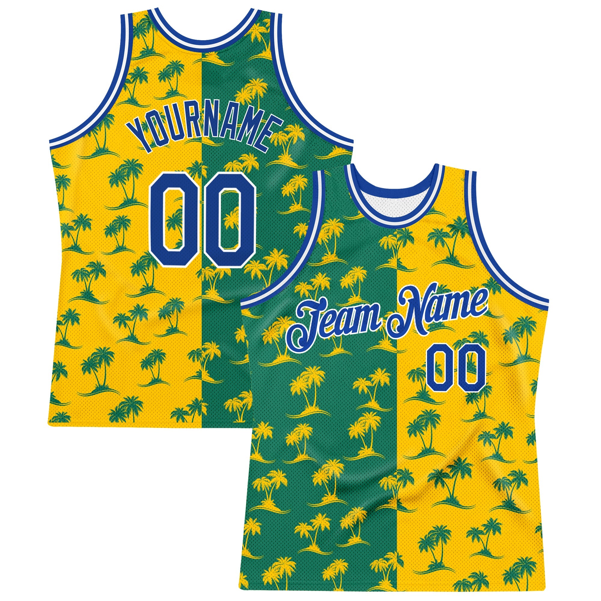 Custom Kelly Green Royal-Gold 3D Pattern Design Palm Trees Authentic Basketball Jersey