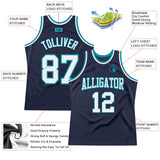 Custom Navy White-Teal Authentic Throwback Basketball Jersey