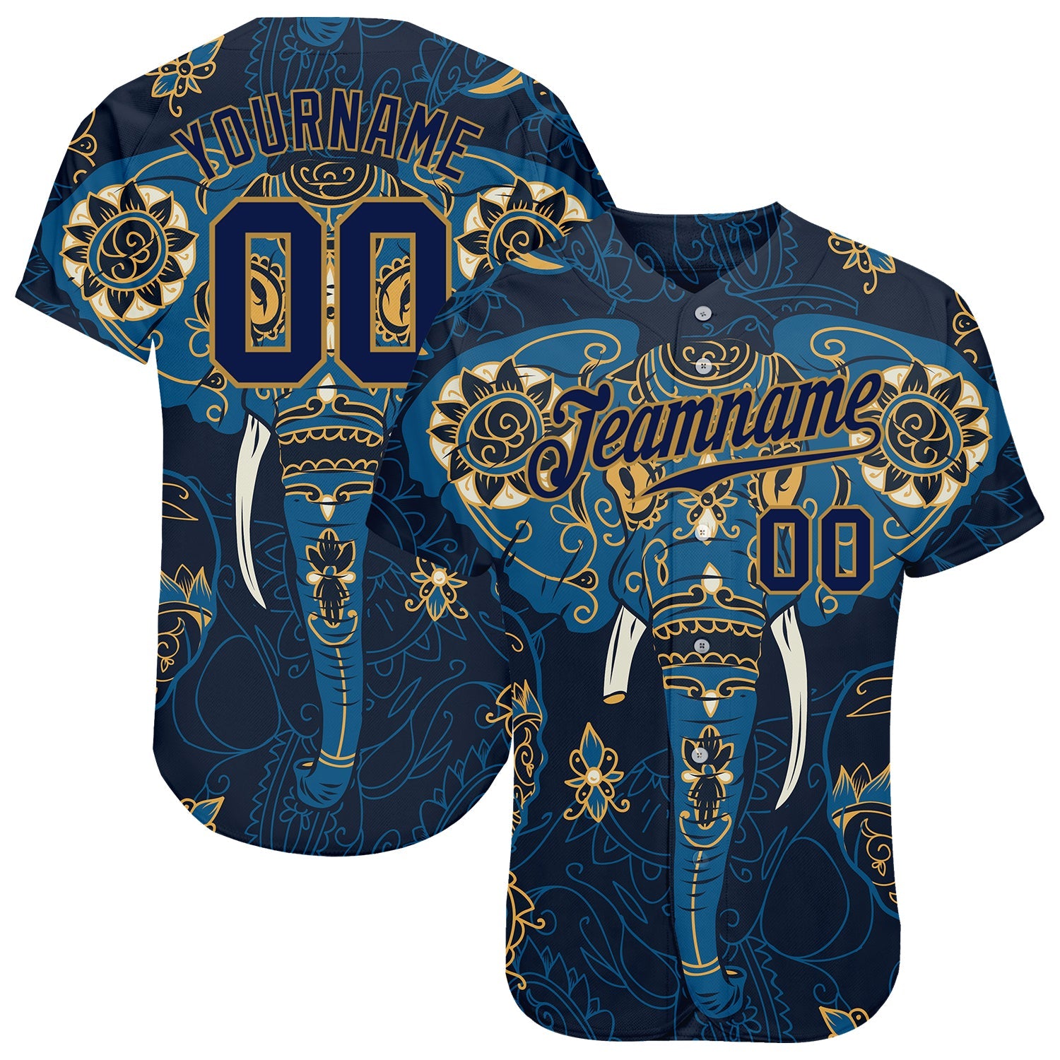 Custom Navy Navy-Old Gold 3D Pattern Design Elephant Authentic Baseball Jersey