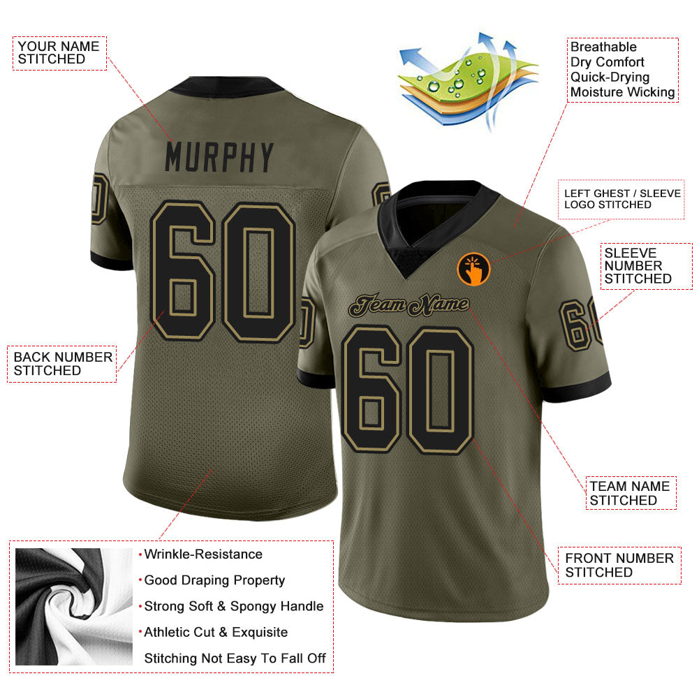 Custom Olive Black-Old Gold Mesh Salute To Service Football Jersey