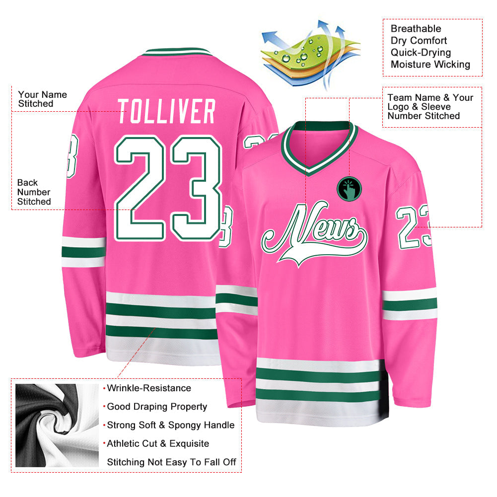 Custom Pink White-Kelly Green Hockey Jersey
