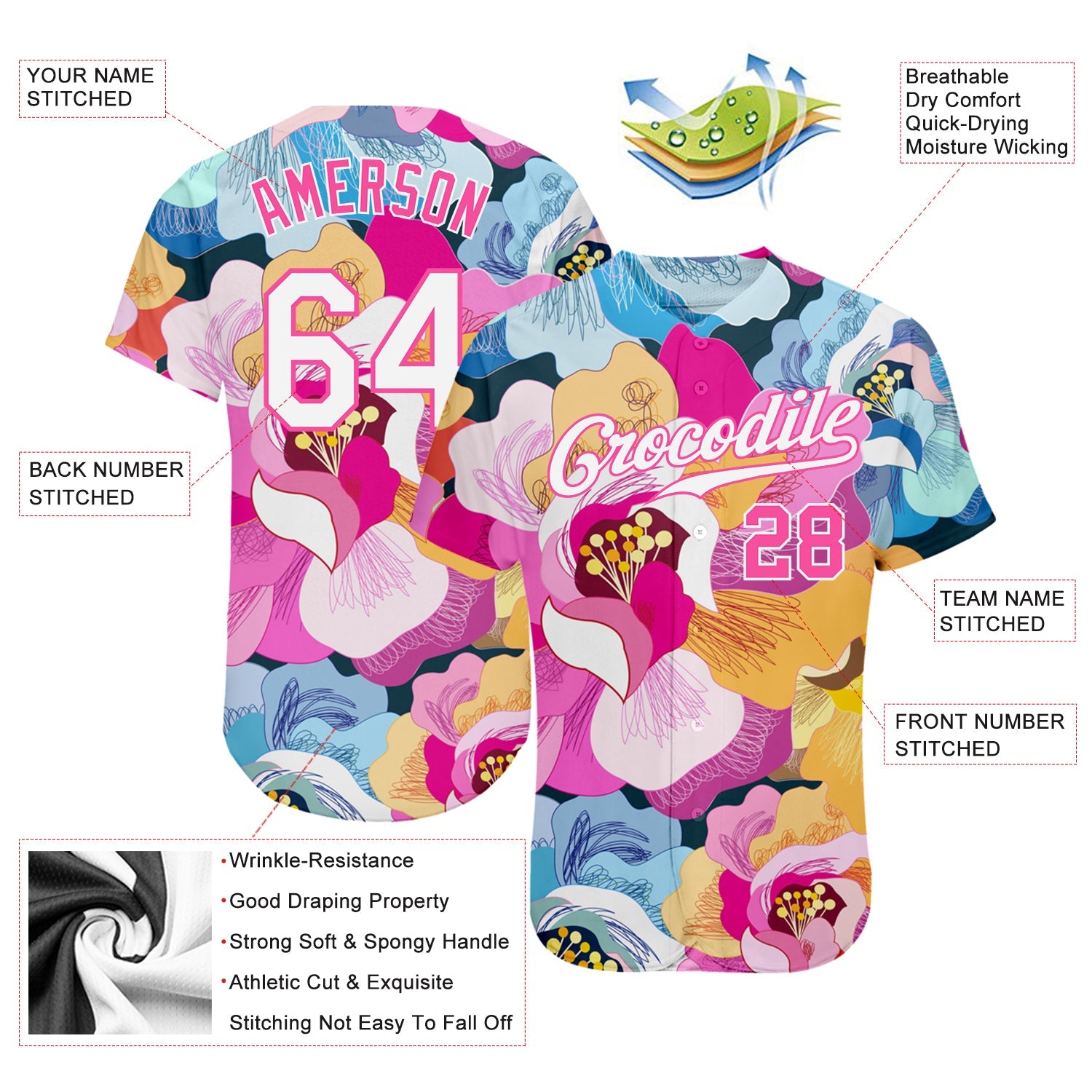Custom Pink White-Pink 3D Pattern Design Flowers Authentic Baseball Jersey