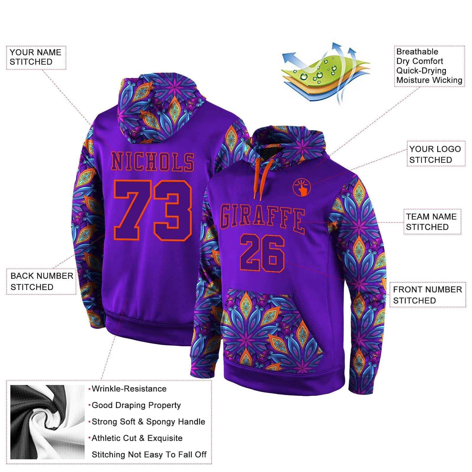 Custom Stitched Purple Purple-Orange 3D Pattern Design Sports Pullover Sweatshirt Hoodie