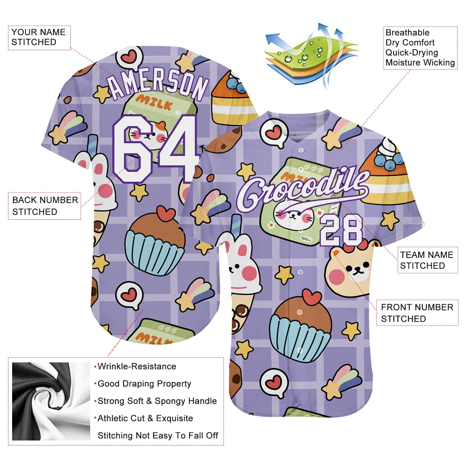 Custom Purple White-Purple 3D Pattern Design Sticker Cartoons Authentic Baseball Jersey