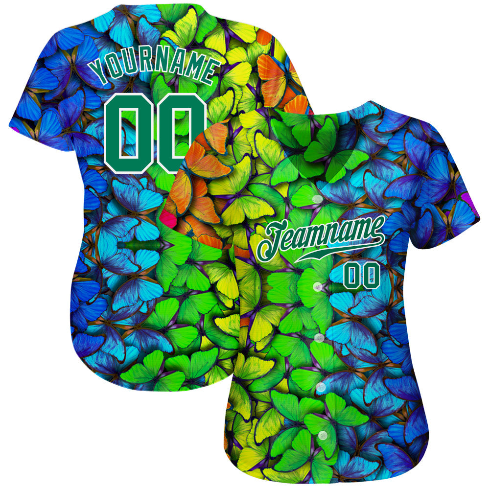 Custom Royal Kelly Green-White 3D Pattern Design Multicolored Butterflies Authentic Baseball Jersey