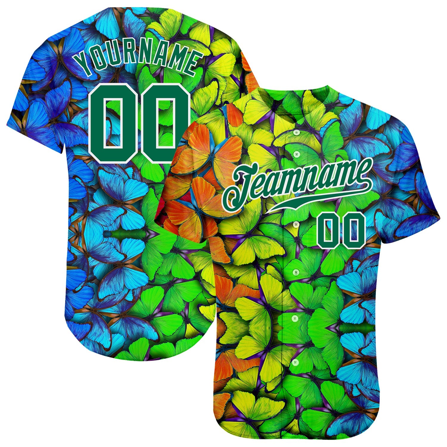 Custom Royal Kelly Green-White 3D Pattern Design Multicolored Butterflies Authentic Baseball Jersey