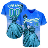 Custom Royal Kelly Green-White 3D Pattern Design Statue Of Liberty Authentic Baseball Jersey