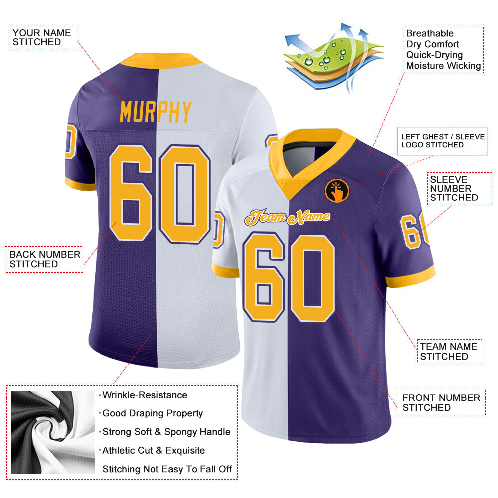 Custom Purple Gold-White Mesh Split Fashion Football Jersey