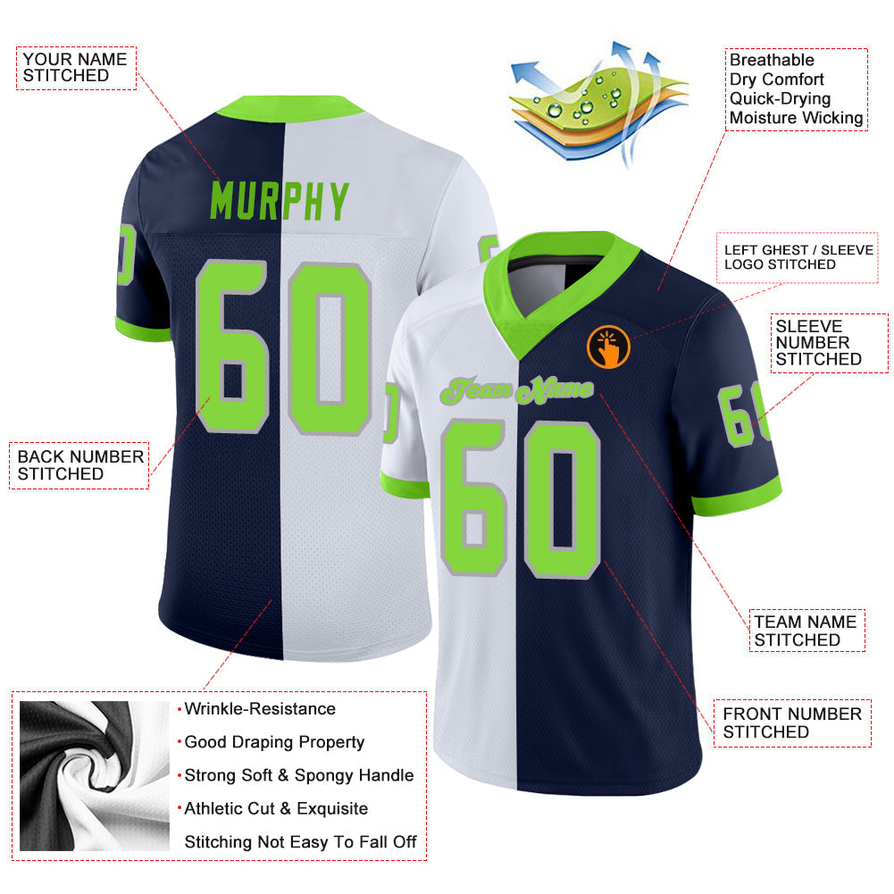 Custom Navy Neon Green-White Mesh Split Fashion Football Jersey