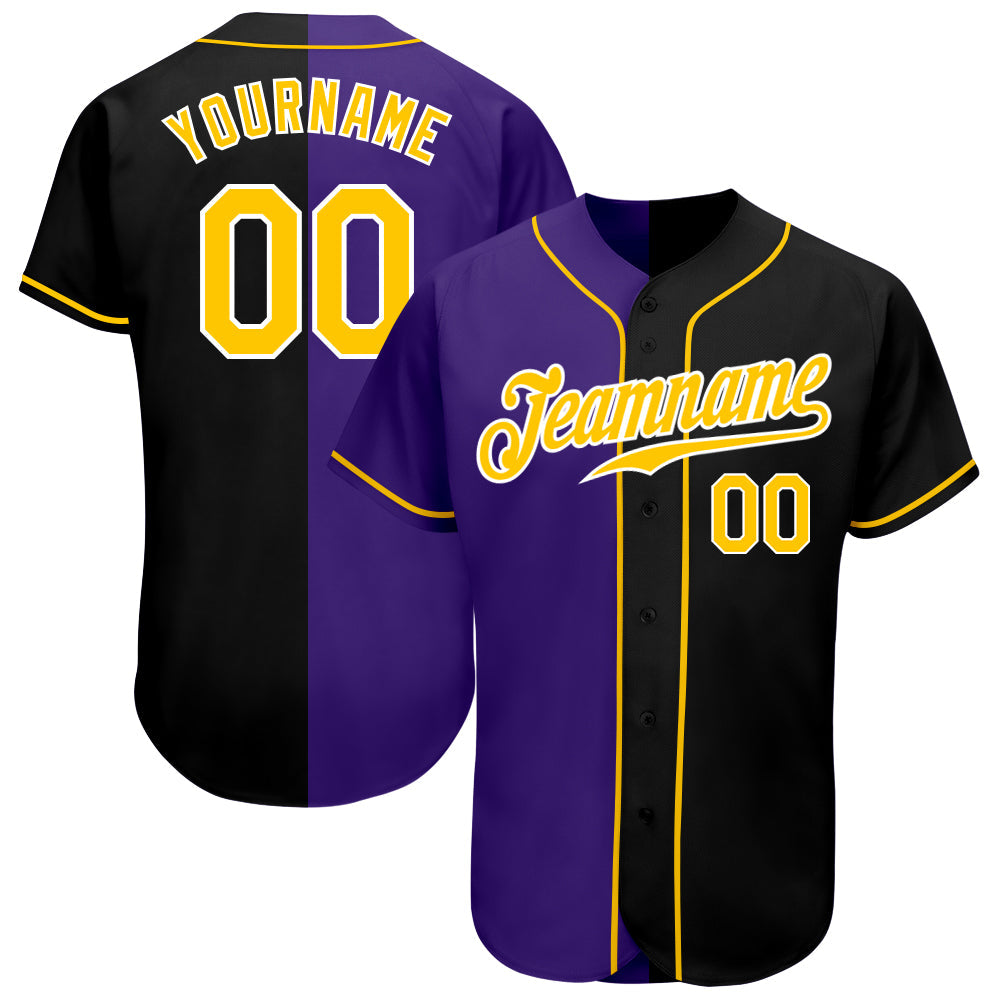 Custom Black Gold-Purple Authentic Split Fashion Baseball Jersey
