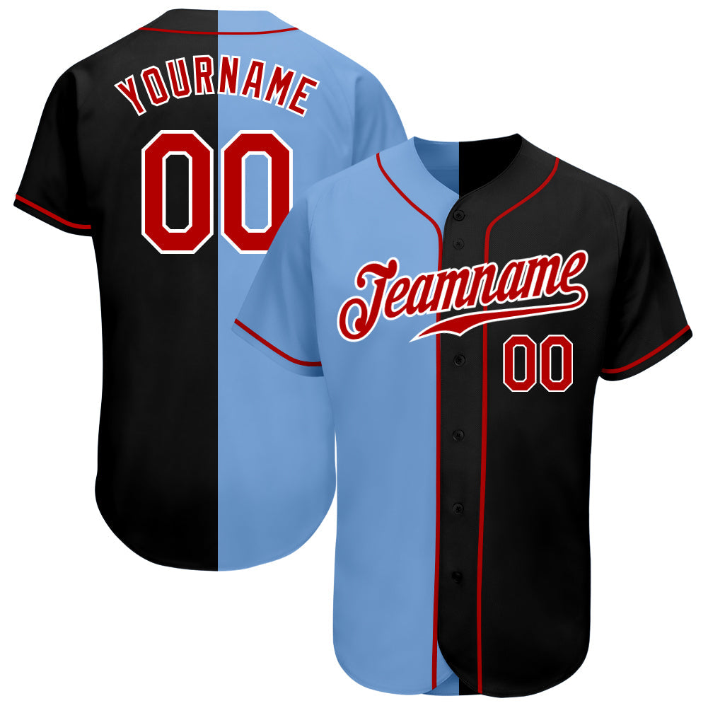 Custom Black Red-Light Blue Authentic Split Fashion Baseball Jersey
