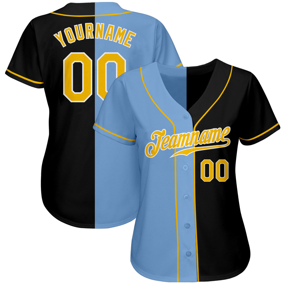 Custom Black Gold-Light Blue Authentic Split Fashion Baseball Jersey