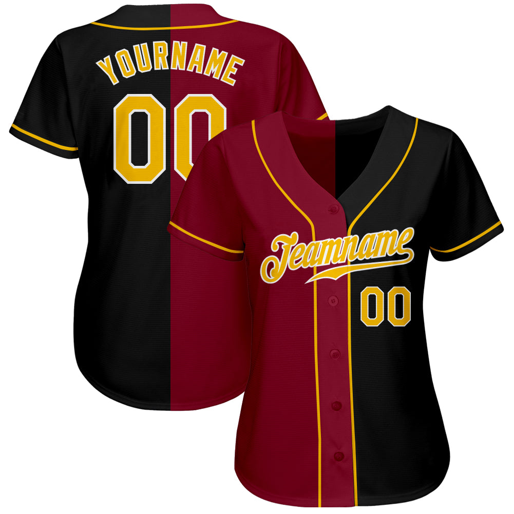 Custom Black Gold-Crimson Authentic Split Fashion Baseball Jersey