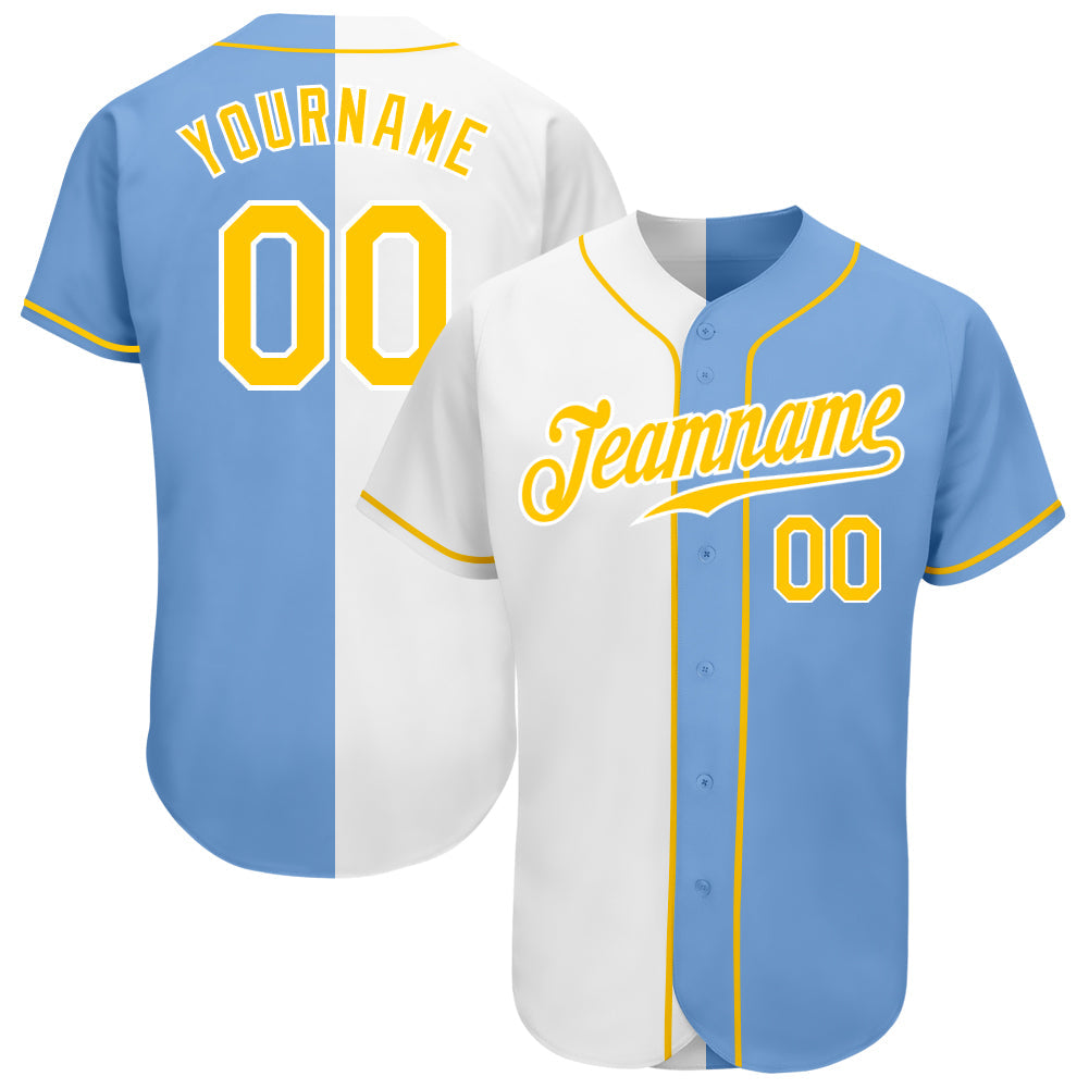 Custom Light Blue Gold-White Authentic Split Fashion Baseball Jersey