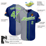 Custom Royal Neon Green-Gray Authentic Split Fashion Baseball Jersey