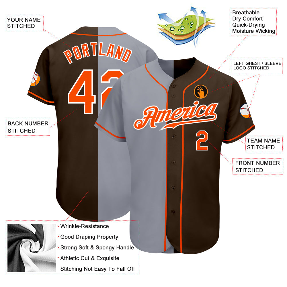 Custom Brown Orange-Gray Authentic Split Fashion Baseball Jersey