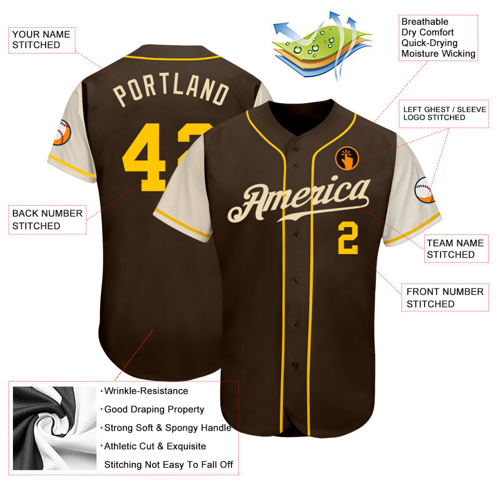 Custom Brown Gold-Cream Authentic Two Tone Baseball Jersey