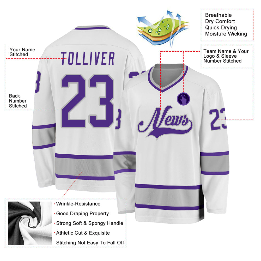 Custom White Purple-Gray Hockey Jersey