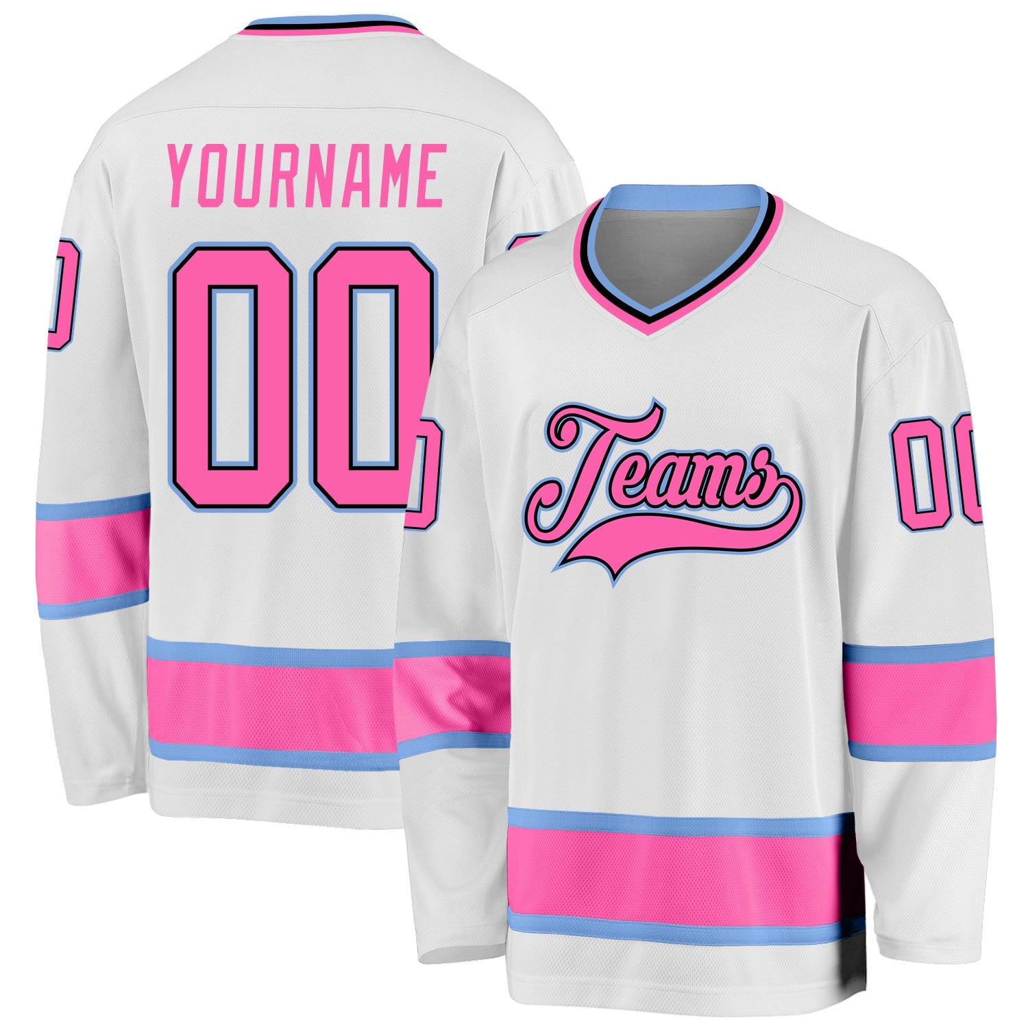 Custom White Pink-Light Blue Hockey Jersey