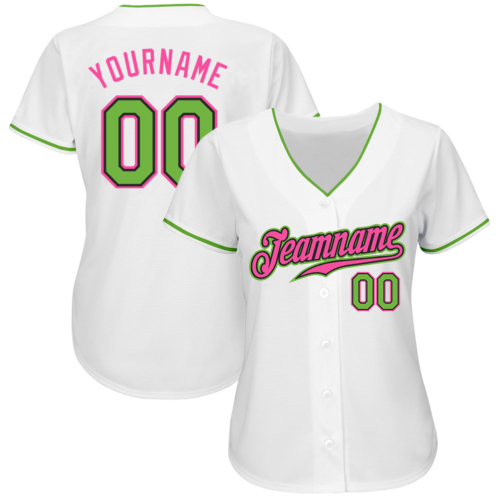 Custom White Neon Green-Pink Authentic Baseball Jersey